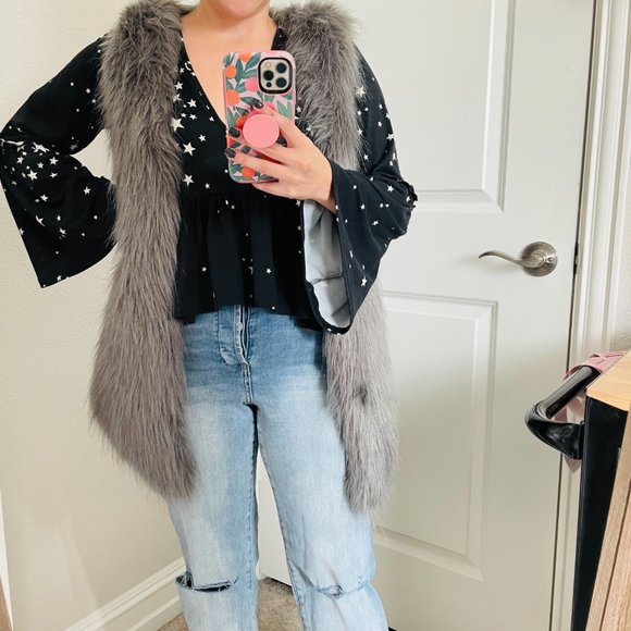 Kensie Women's Grey Faux Fur Long Open Front Vest Size Small